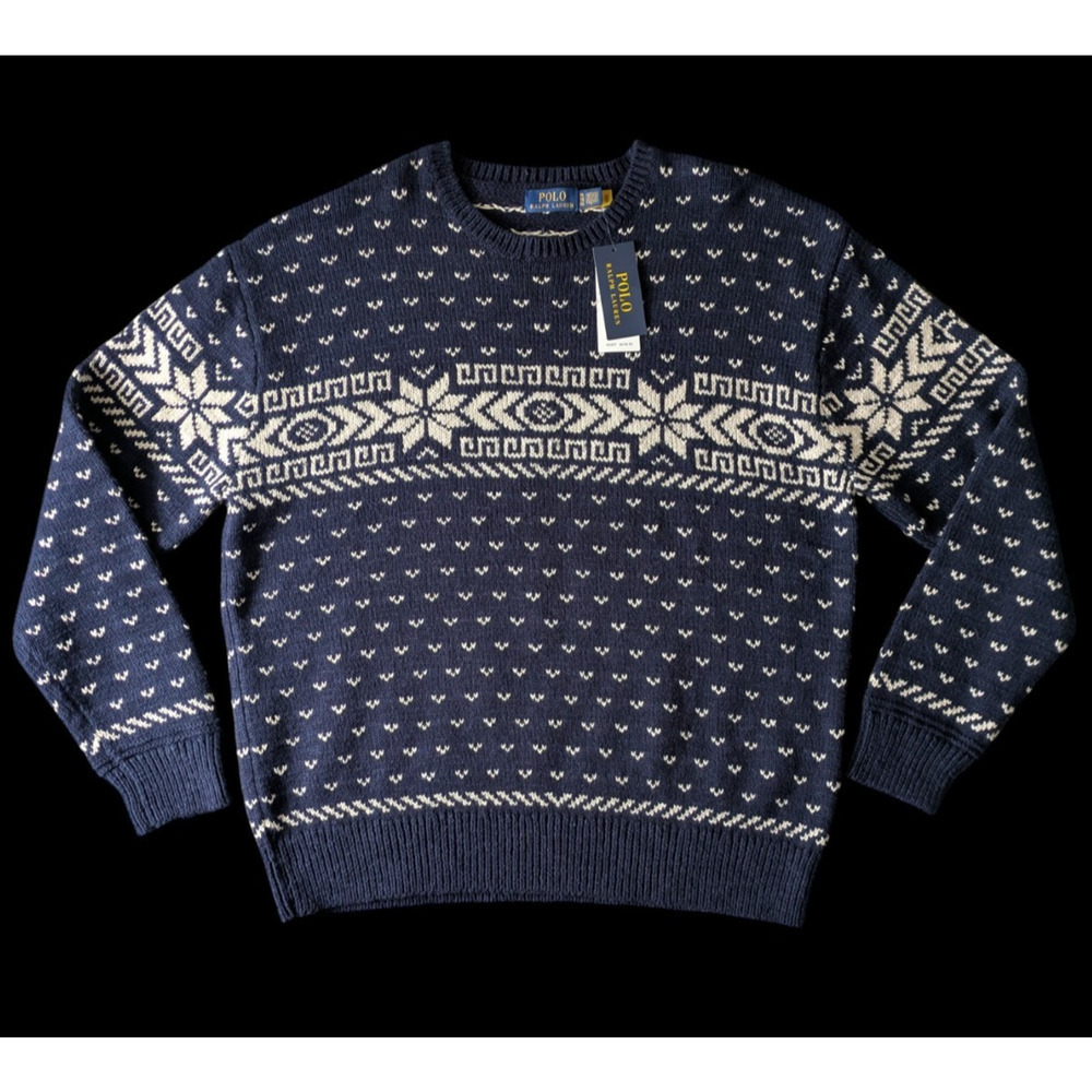 Polo Ralph Lauren Navy Blue Fair Isle Cotton Cashmere Blend Sweater New Size XL - Picture 2 of 9